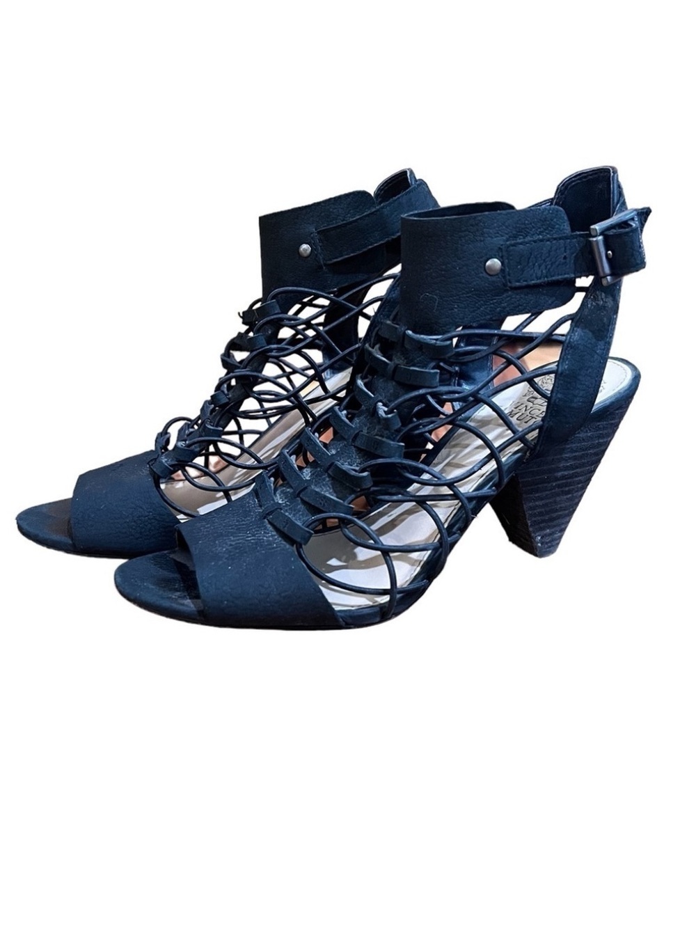Vince Camuto Elanso 9 Black Suede Leather Heels Strappy Peep Toe